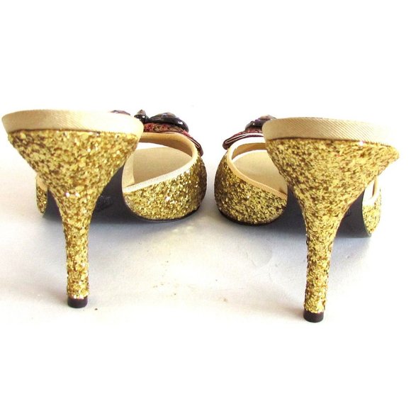 Hale' Bob Gold Glitter Metal Bow/Color Stones Detail Designer Mules Size 8.M - Picture 3 of 13